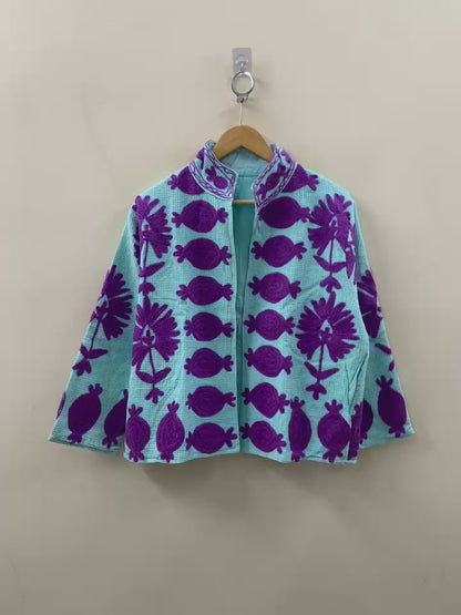 The Aqua Suzani — Violet Edition — Hand-Embroidered Waffle Cotton Jacket