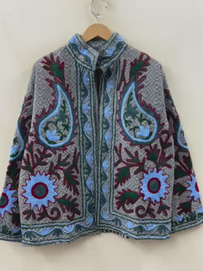 The Nomad's Garden — Suzani-Embroidered Cotton Jacket — Indigo Houndstooth & Crimson Vine