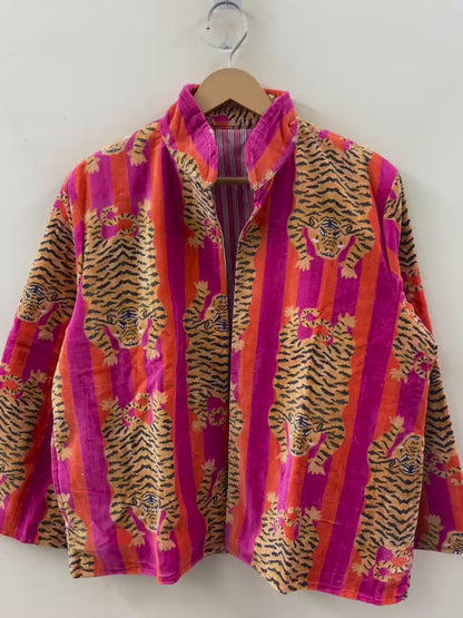 The Bengal Stripe — Block Printed Velvet Jacket — Fuchsia, Flame & Tiger Gold