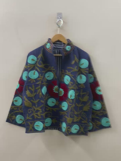 The Indigo Bloom — Hand-Embroidered Waffle Cotton Jacket