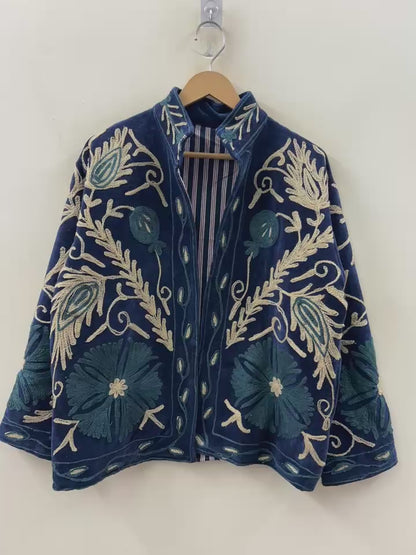 The Gulbadan Midnight — Hand Suzani Embroidered Velvet Jacket