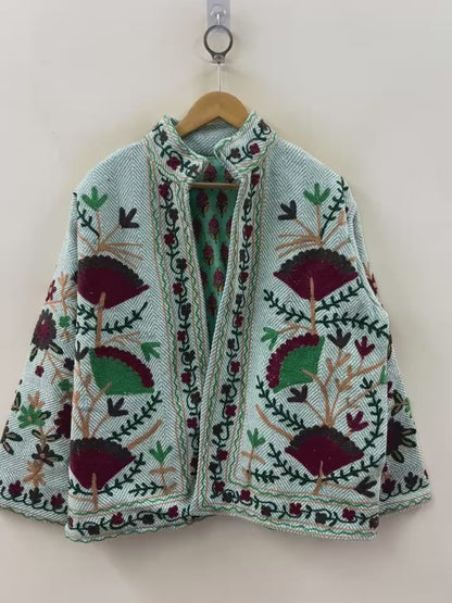 The Forest Bloom — Hand-Embroidered Cotton Jacket — Sage Herringbone