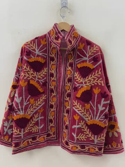 The Marigold Bloom — Suzani Embroidered Velvet Jacket — Rosewood Red with Amber & Burgundy Florals