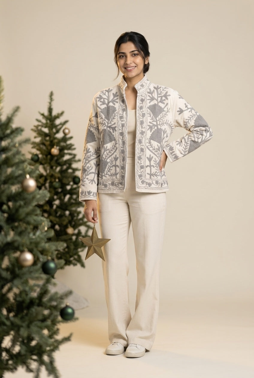 The Kashida Snowfield — Suzani Hand-Embroidered Velvet Jacket — Ivory with Dove Grey Florals