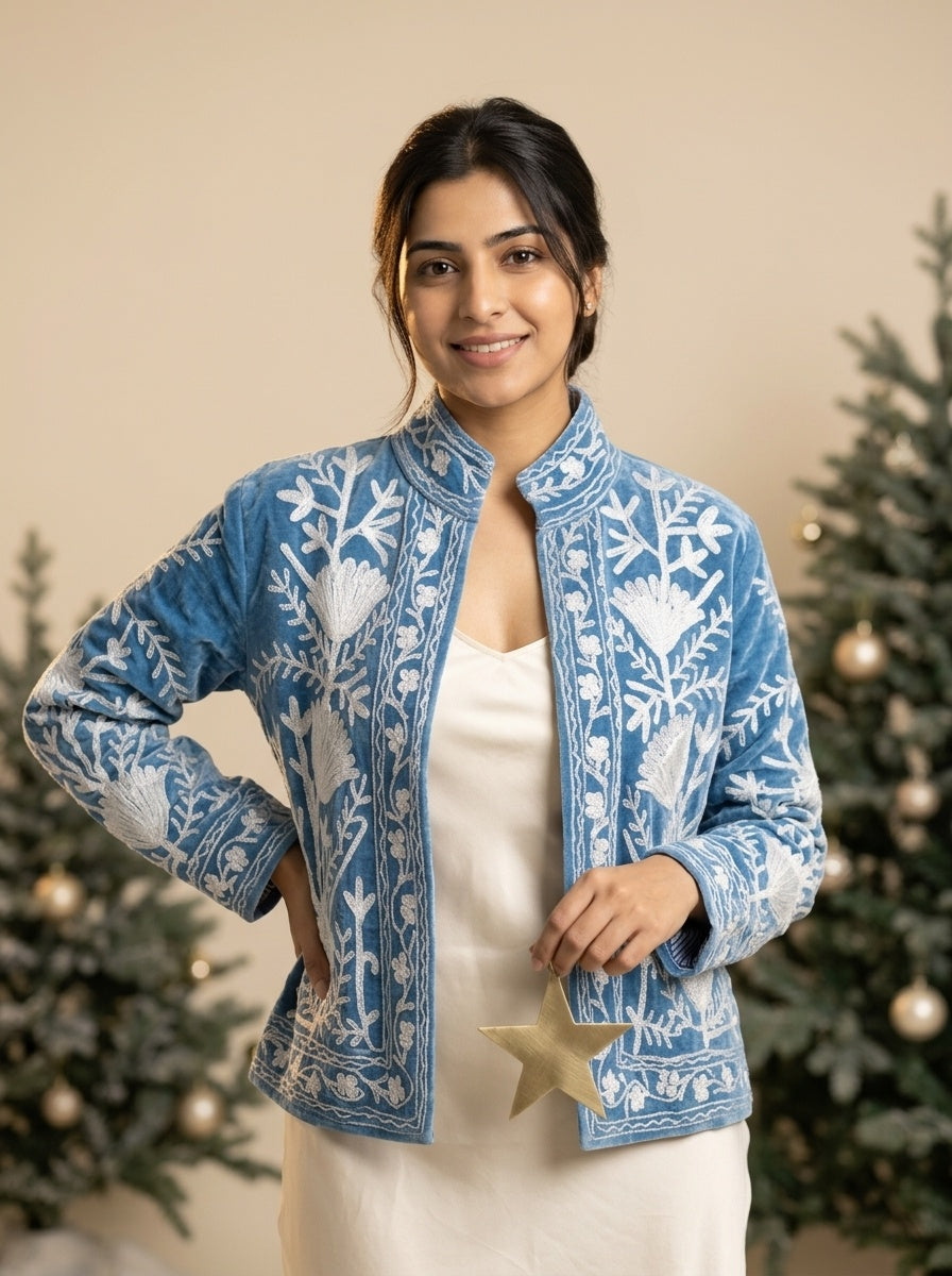 The Snowvine Thicket — Suzani Hand-Embroidered Velvet Jacket — Denim Blue with Ivory Floral Vinework