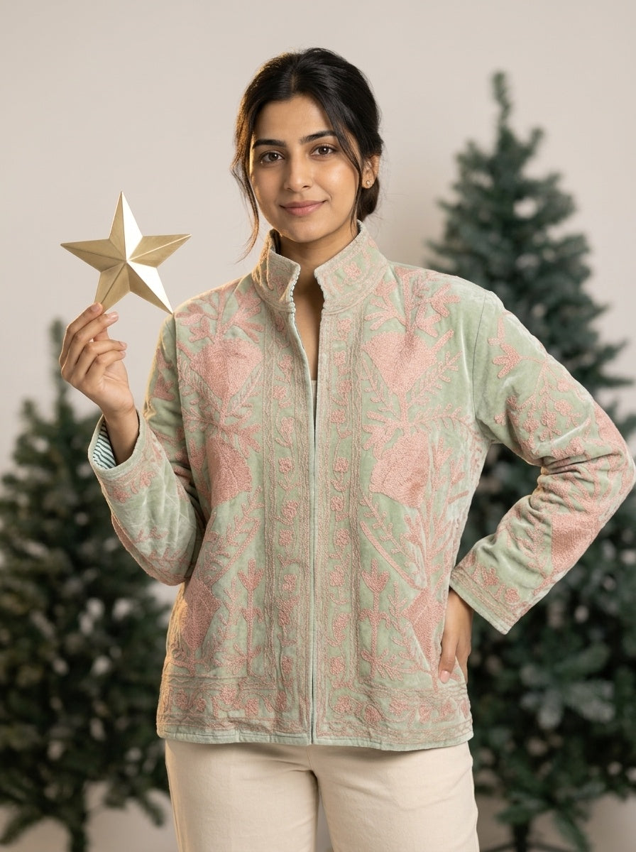 The Nasreen Orchard — Suzani Hand-Embroidered Velvet Jacket — Sage Green with Dusty Rose Florals