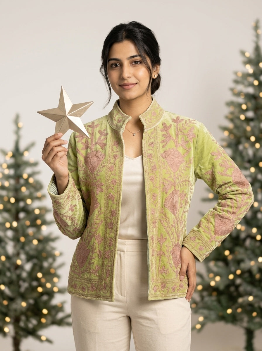 The Pista Bostan — Suzani Hand-Embroidered Velvet Jacket — Pistachio Green with Dusty Rose Florals