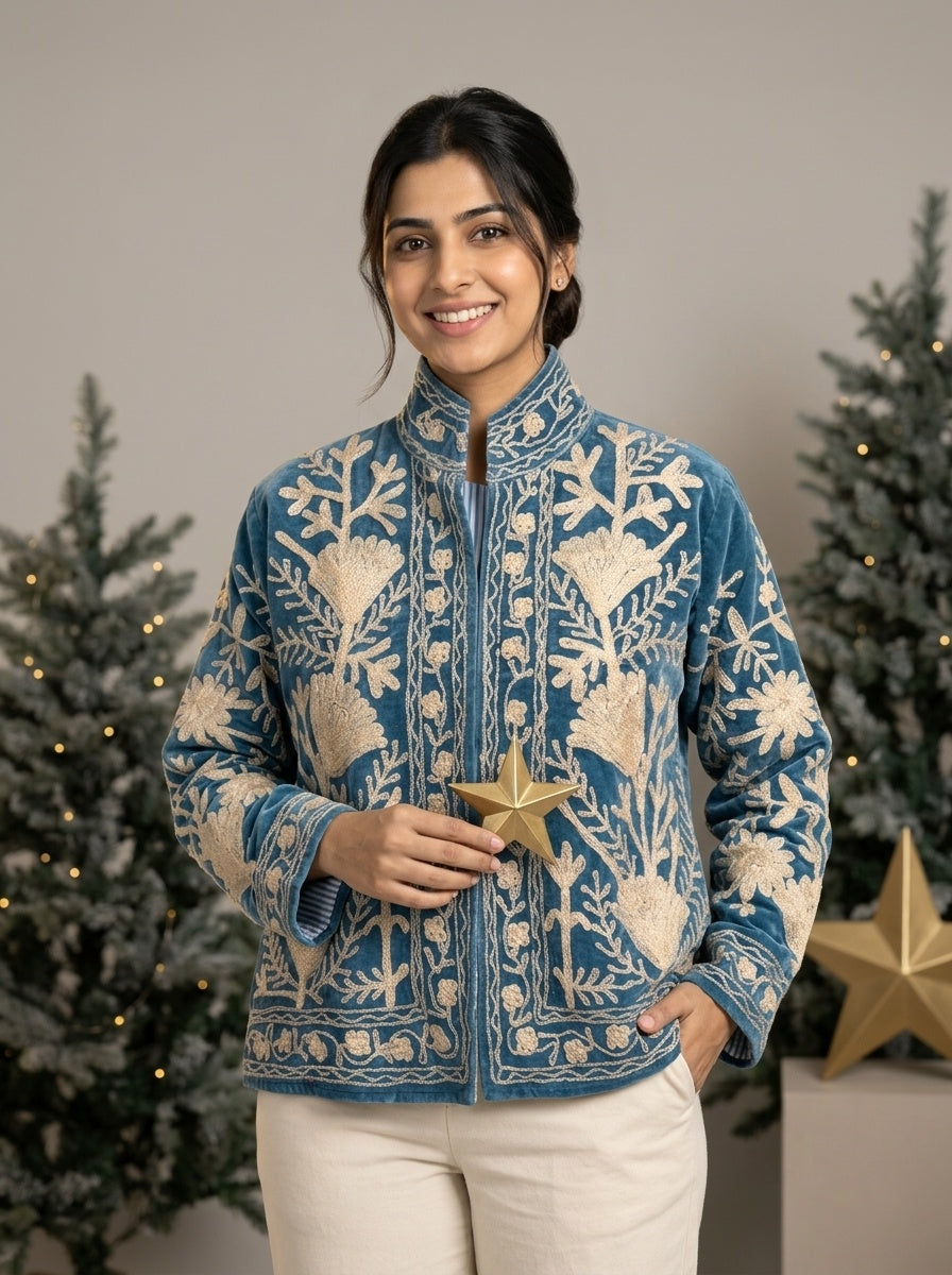 The Tulip Steppe — Suzani Hand-Embroidered Velvet Jacket — Steel Blue with Ivory Tulip Blooms