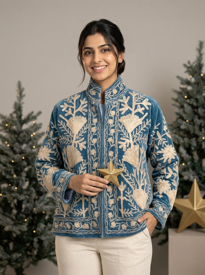 The Tulip Steppe — Suzani Hand-Embroidered Velvet Jacket — Steel Blue with Ivory Tulip Blooms