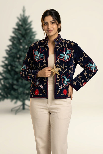 The Titli Bagh — Suzani Hand-Embroidered Velvet Jacket — Midnight Navy with Turquoise Butterflies & Gold Vines