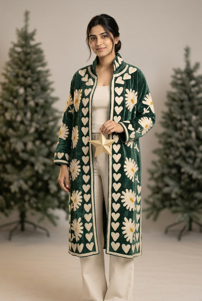 The Daisy Meadow Kimono — Suzani Chainstitch Velvet Jacket — Forest Green with Ivory Daisies