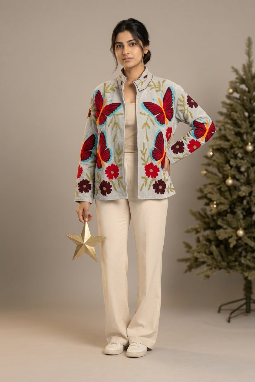 The Titli Chandni — Suzani Hand-Embroidered Velvet Jacket — Ice Grey with Crimson Butterflies & Ruby Florals