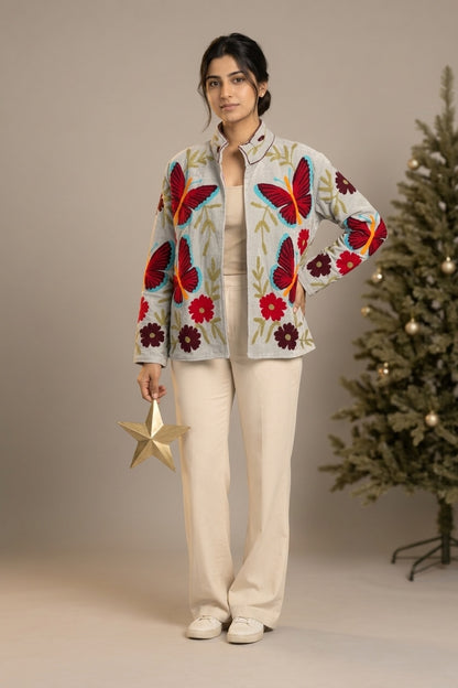 The Titli Chandni — Suzani Hand-Embroidered Velvet Jacket — Ice Grey with Crimson Butterflies & Ruby Florals