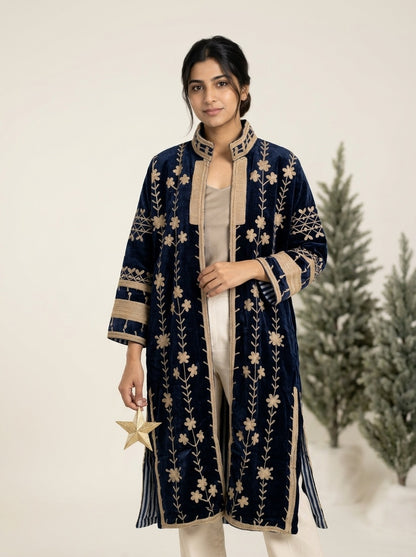 The Midnight Vine — Suzani Hand-Embroidered Velvet Kimono — Navy & Antique Gold