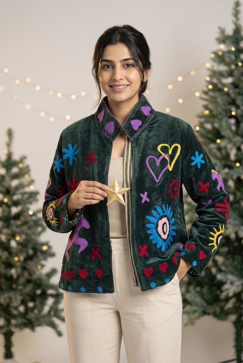 The Ghoda Yatra — Suzani Hand-Embroidered Velvet Jacket — Forest Green with Horse, Heart & Sunburst Motifs