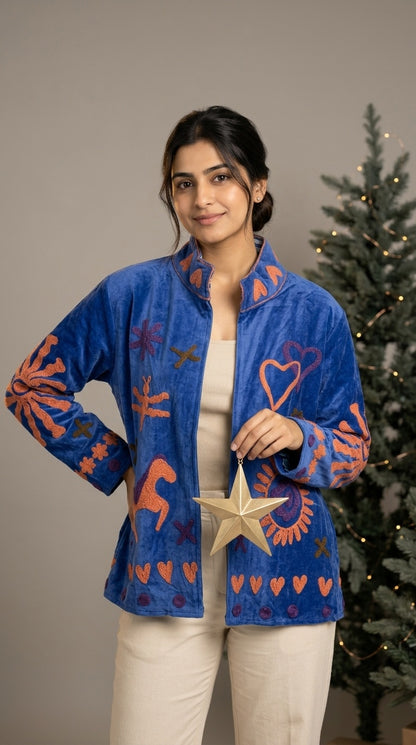 The Ashwa Mela — Suzani Hand-Embroidered Velvet Jacket — Cornflower Blue with Coral, Violet & Olive Folk Motifs