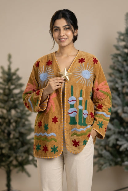 The Marigold Minaret — Suzani Hand-Embroidered Velvet Jacket — Mustard Gold with Sky Blue & Coral