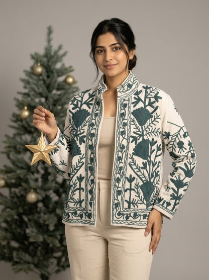The Zumrud Bagh — Suzani Hand-Embroidered Velvet Jacket — Ivory with Deep Teal Florals