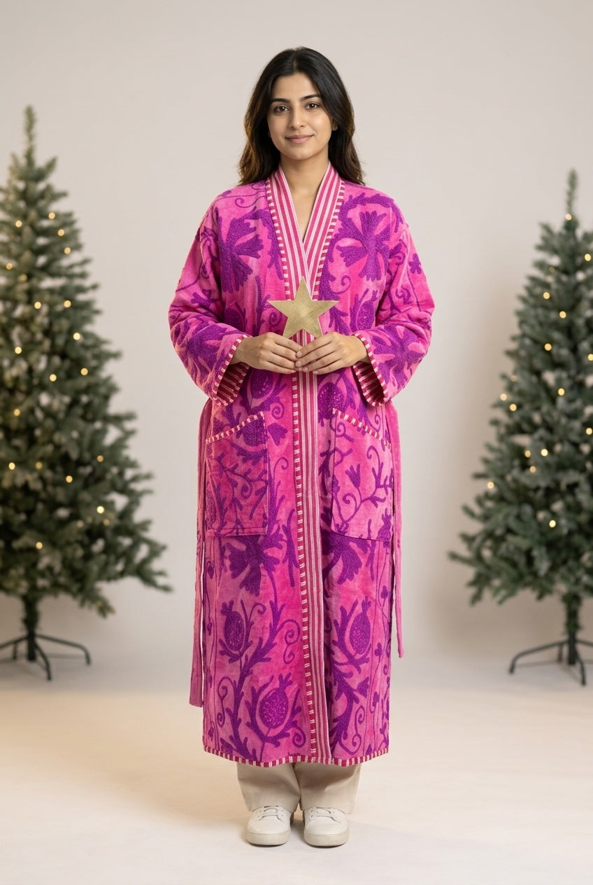 The Anarkali Bloom — Suzani Hand-Embroidered Velvet Kimono — Fuchsia Pink with Violet Pomegranate Motifs