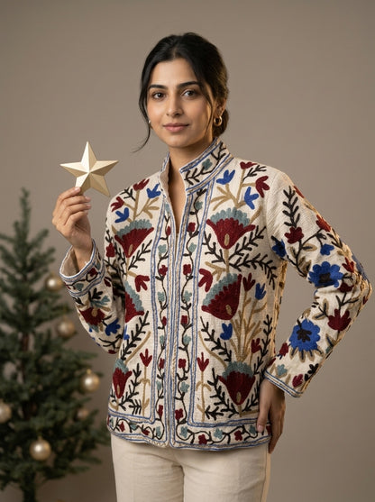 The Bagh-e-Suzani — Hand-Embroidered TNT Cotton Jacket — Ivory with Maroon & Indigo Florals