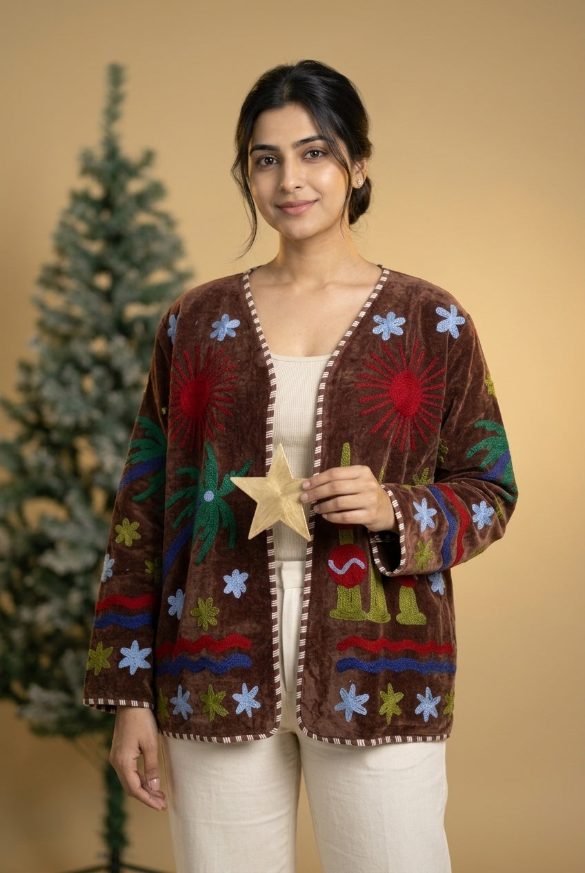 The Desert Sun Wrap — Suzani-Embroidered Velvet Jacket — Espresso Brown