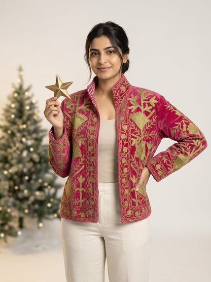The Anarkali Vine — Suzani Hand-Embroidered Velvet Jacket — Rani Pink with Olive Gold Pomegranates