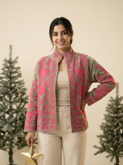 The Sagewood Bloom — Suzani Hand-Embroidered Velvet Jacket — Sage Green with Rani Pink Florals
