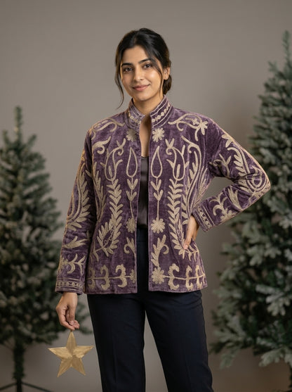 The Samarkand Bloom — Suzani-Embroidered Velvet Jacket — Dusk Mauve with Ivory Vinework