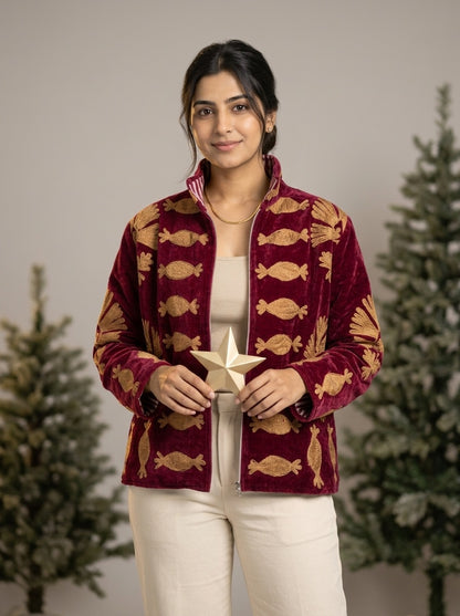 The Machli Bagh — Suzani Hand-Embroidered Velvet Jacket — Deep Maroon with Golden Fish & Palm Motifs