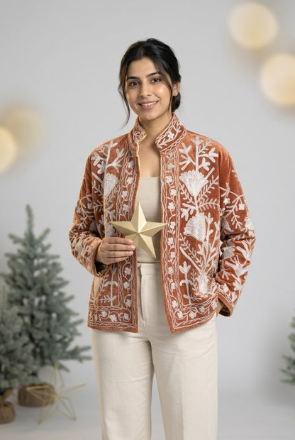 The Rustan Tulip — Suzani Hand-Embroidered Velvet Jacket — Rust Brown with Ivory Floral Vinework