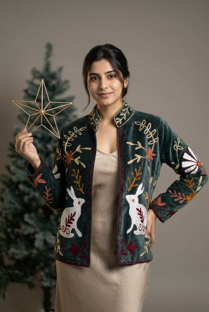 The Moonlit Hare — Suzani Embroidered Velvet Jacket — Forest Green