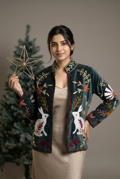 The Moonlit Hare — Suzani Embroidered Velvet Jacket — Forest Green