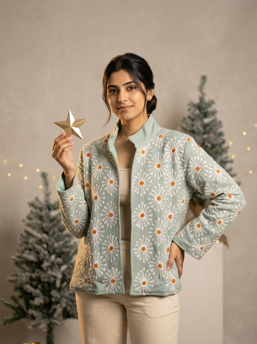 The Marusthal Bloom — Suzani Embroidered Cotton Jacket — Sea-Green with Ivory Daisies