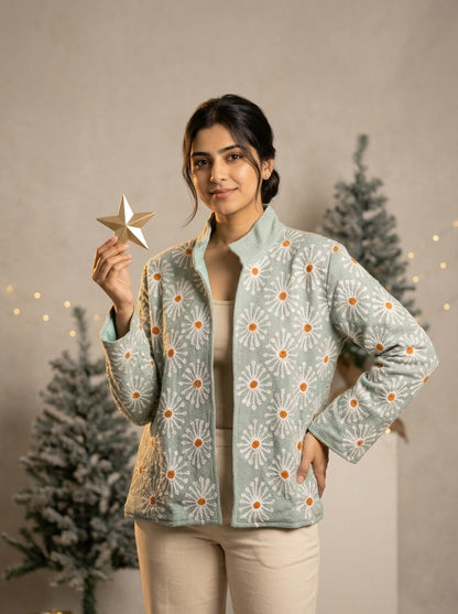 The Marusthal Bloom — Suzani Embroidered Cotton Jacket — Sea-Green with Ivory Daisies