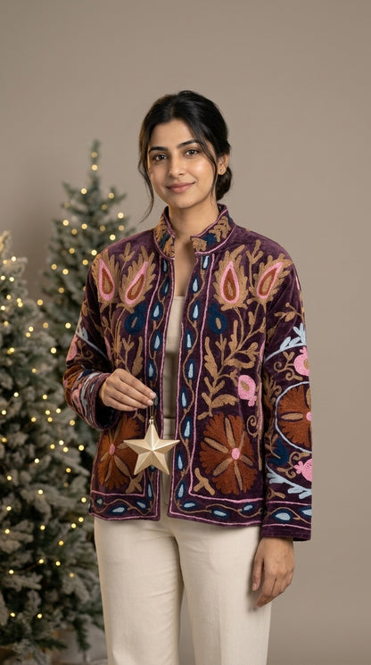 The Shiraz Anar — Suzani Hand-Embroidered Velvet Jacket — Aubergine Plum with Rust, Pink & Teal Florals