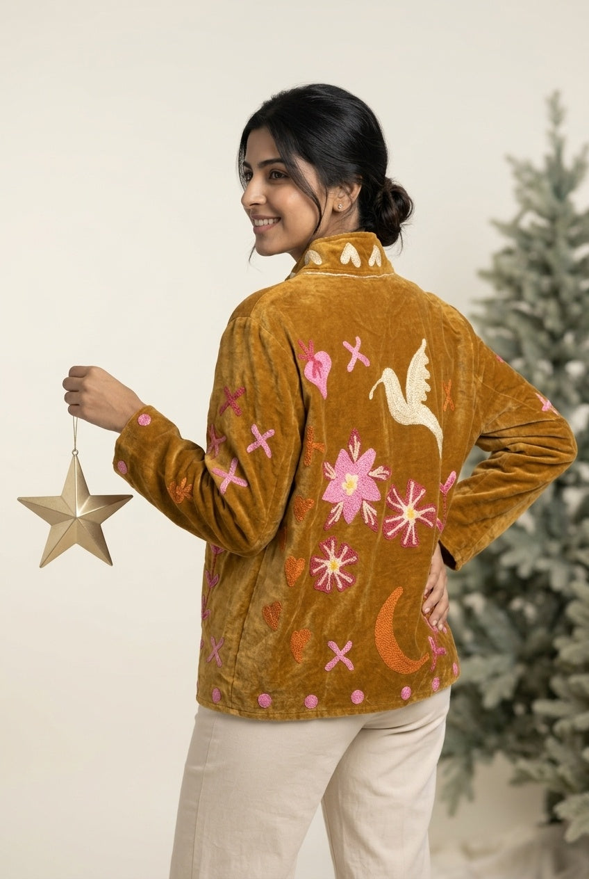 The Chidiya Bagh — Suzani Hand-Embroidered Velvet Jacket — Mustard Gold with Ivory Hummingbird & Rose Florals