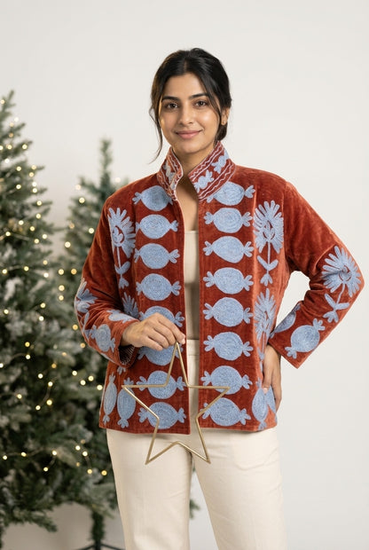 The Anar Bagh — Suzani Hand-Embroidered Velvet Cape Jacket — Rust Red with Powder Blue Motifs