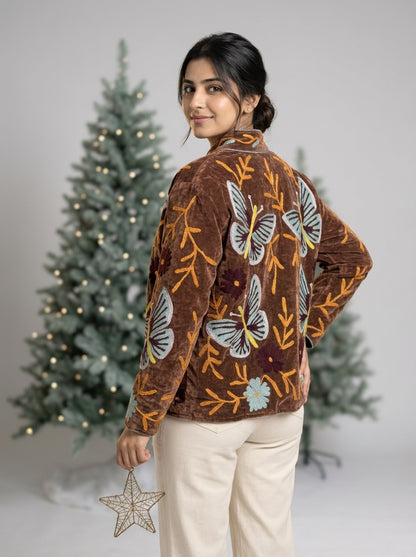 The Titli Meadow — Suzani Hand-Embroidered Velvet Jacket — Espresso Brown with Sage Butterflies & Marigold Vines