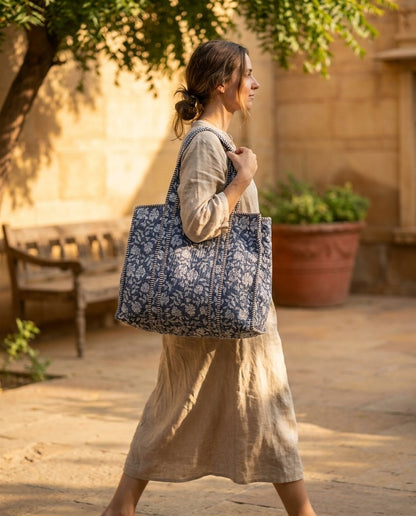 The Indigo Bagru Tote Set — Hand Block-Printed Quilted Cotton — Slate Blue & Ivory Floral