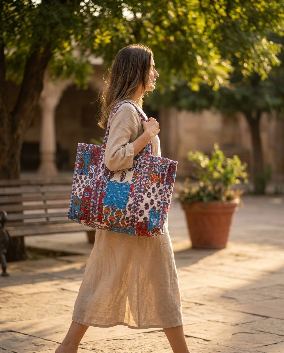 The Sanganeri Bloom — Hand Block-Printed Quilted Cotton Bag Set — Indigo, Marigold & Ruby Patchwork