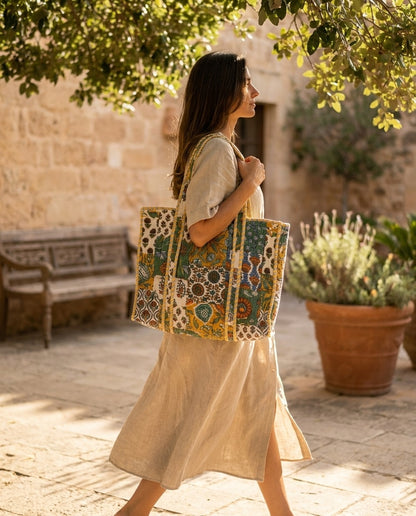 The Anaar Bagh — Hand Block-Printed Quilted Cotton Bag Set — Mustard, Emerald & Rust Florals