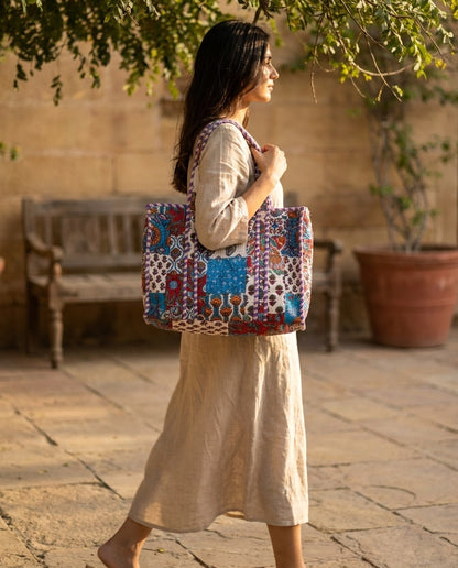 The Rajwada Patchwork — Kantha-Quilted Cotton Tote — Cerulean, Rust & Amethyst