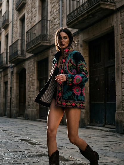 The Samarkand Bloom — Suzani Hand-Embroidered Cotton Jacket — Midnight Black with Teal, Fuchsia & Olive