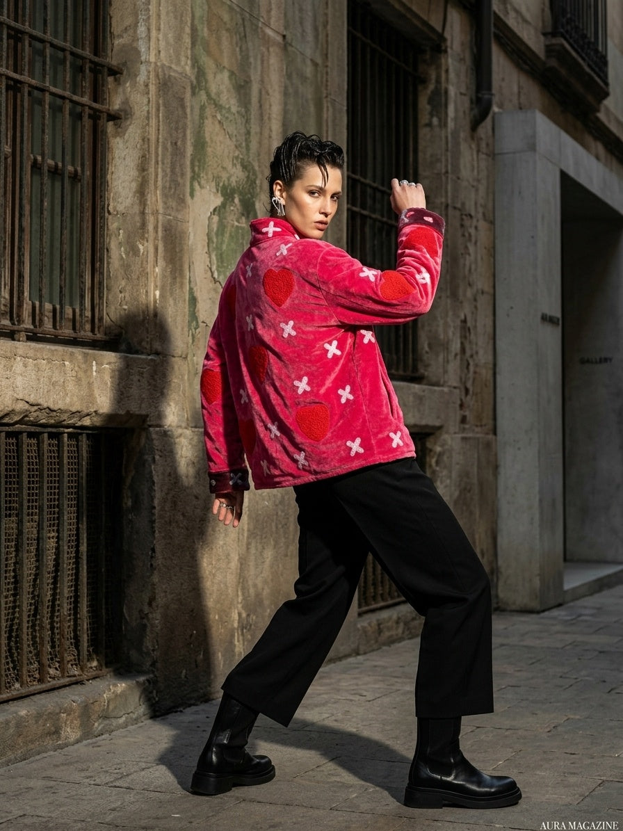 The Kissed Rose — Suzani Embroidered Velvet Jacket — Fuchsia Pink with Crimson Hearts