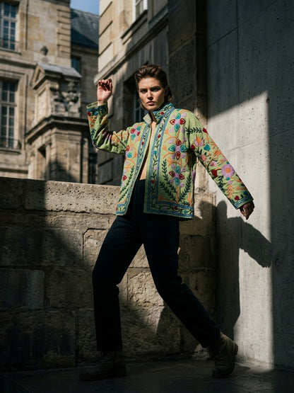 The Sage Meadow — Suzani-Inspired Hand Embroidered Cotton Jacket — Pistachio Green with Coral, Lilac & Cerulean Florals