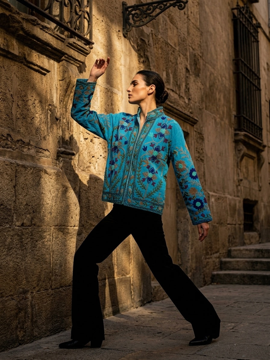 The Turquoise Zahra — Suzani Hand-Embroidered Cotton Jacket — Sky Blue with Indigo & Maroon Florals