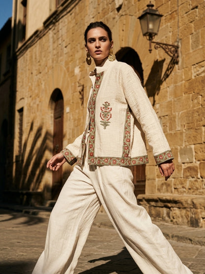 The Bagh-e-Gulab — Hand-Embroidered Cotton Jacket — Ivory with Rust Red & Sage Floral Trims