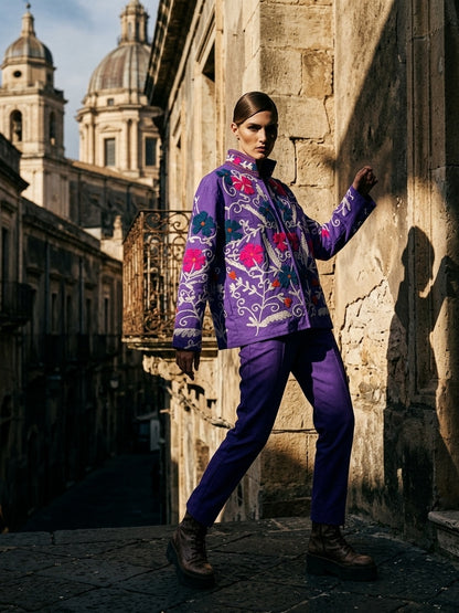 The Violet Suzani — Hand-Embroidered Cotton Jacket — Deep Purple with Fuchsia & Teal Florals