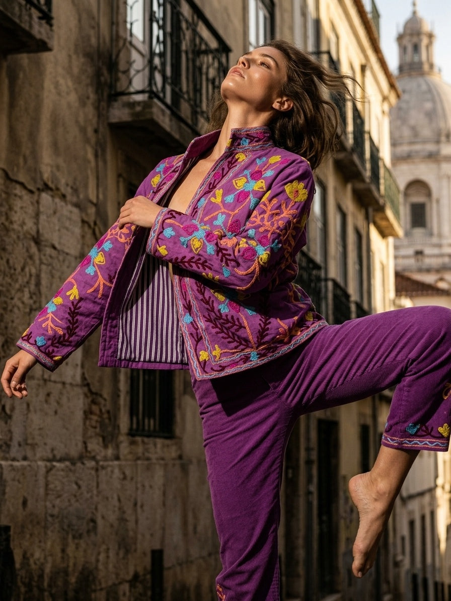 The Samarkand Bloom — Suzani Hand-Embroidered Cotton Jacket — Magenta Orchid