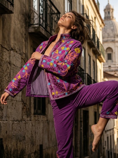 The Samarkand Bloom — Suzani Hand-Embroidered Cotton Jacket — Magenta Orchid